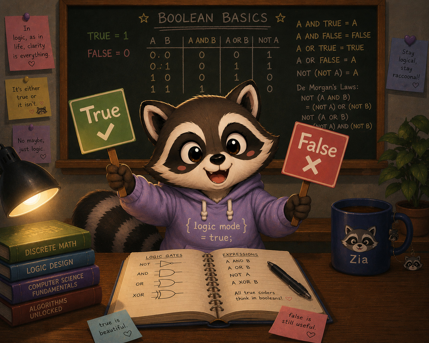 Zia learning about booleans.
